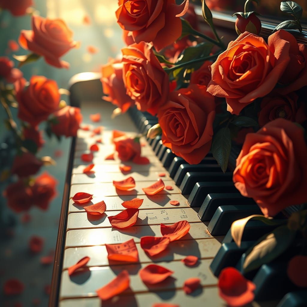 Intricate Piano Keys amidst Vibrant Roses in Dynamic Lightin...