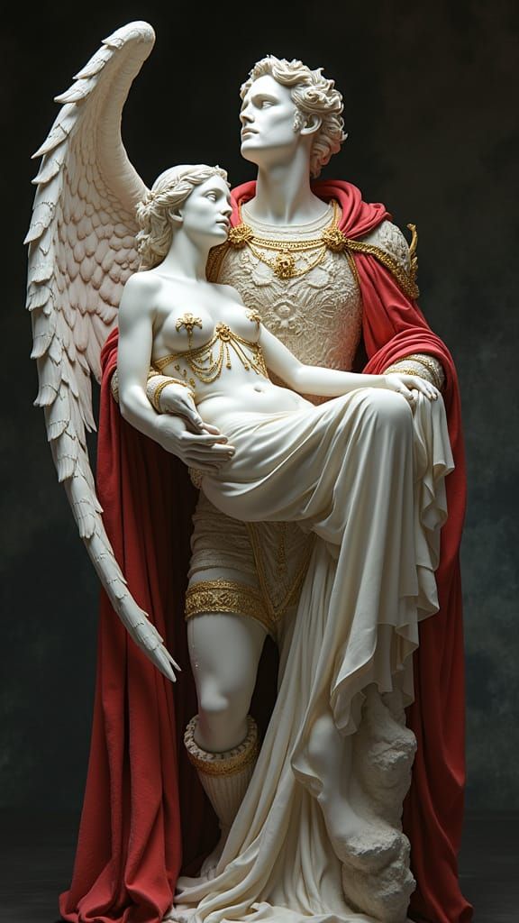 Lucifer in Renaissance War Armor Holding a Serene Woman, Gol...
