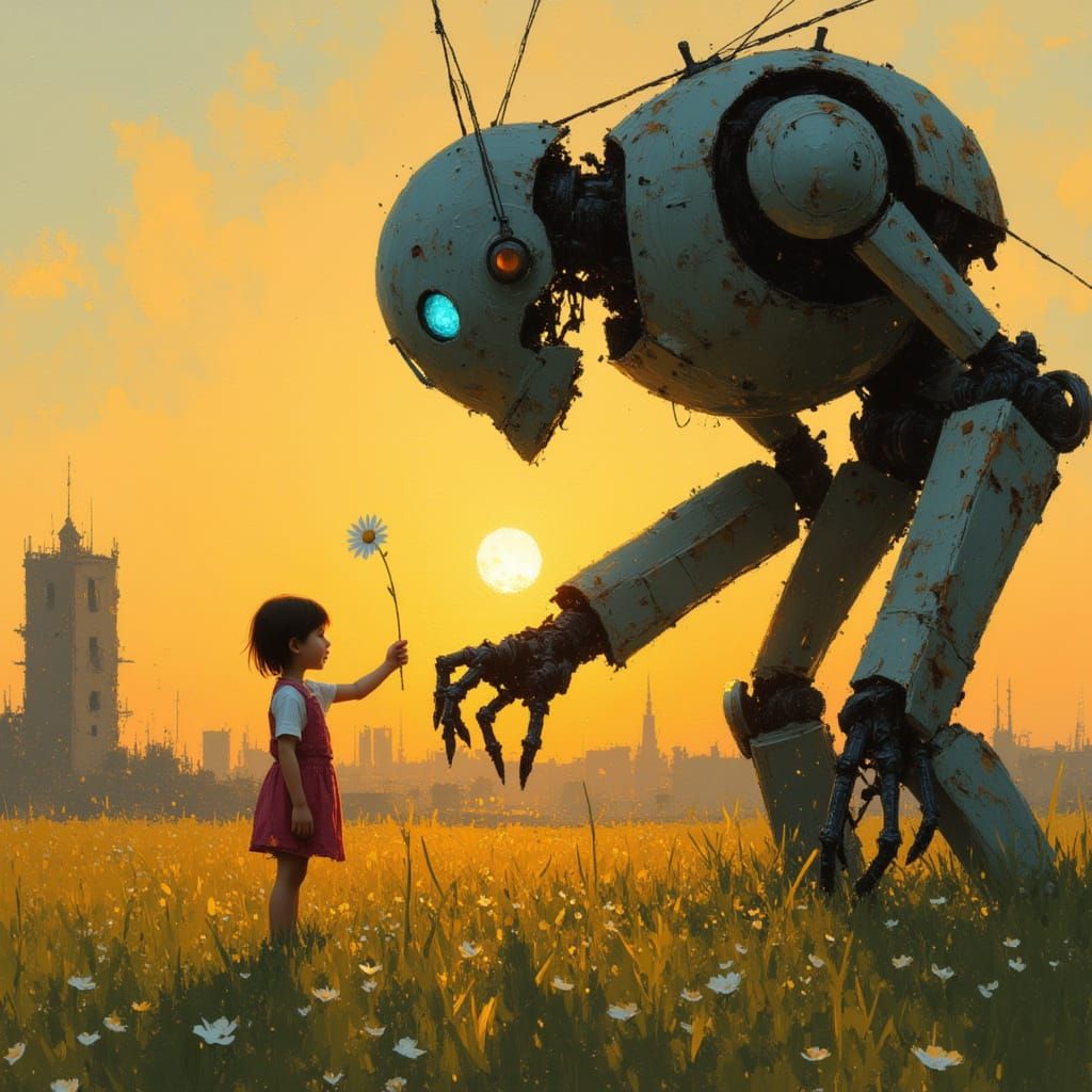 Child Offers Daisy to Giant Robot in Post-Apocalyptic Meadow
