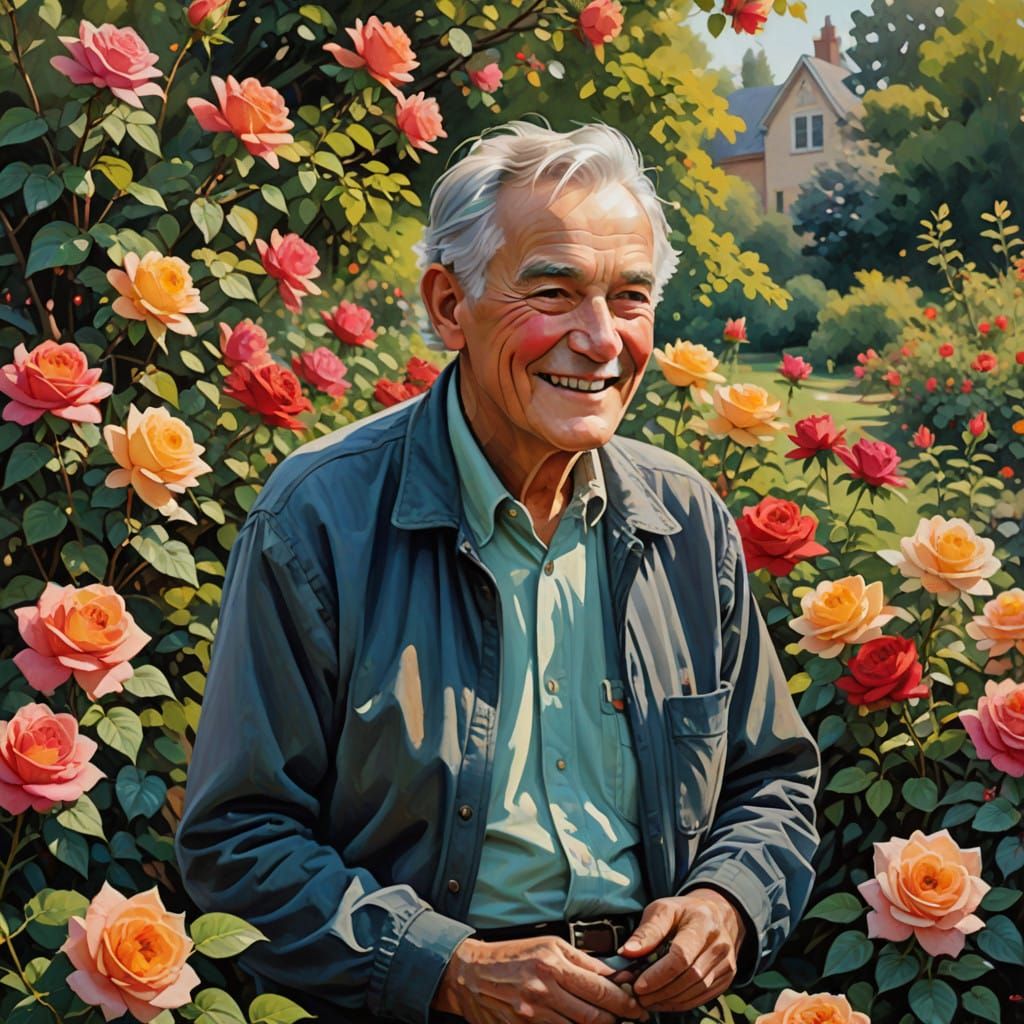 Elderly Gardener Surrounded by Vibrant Roses in Impressionis...