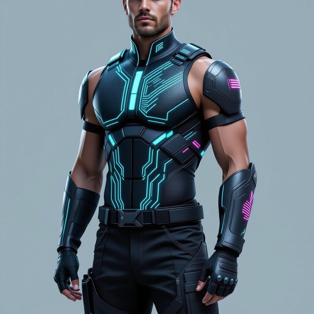 Futuristic Warrior in Sleek, Glowing Tactical Outfit