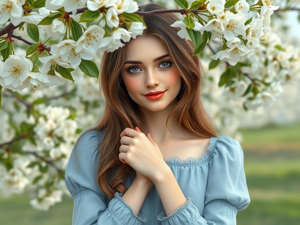 Romantic Portrait Under Apple Blossoms in Hyperrealism