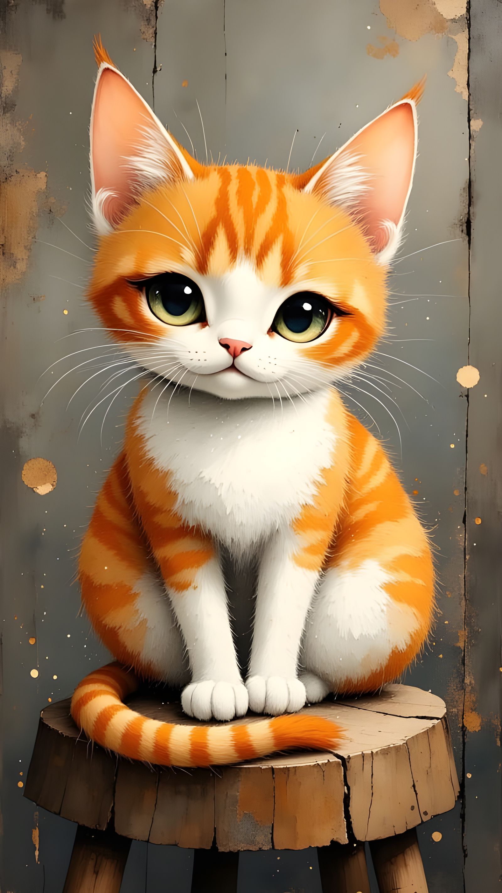 Whimsical Ginger Tabby Cat Sitting on Wooden Stool