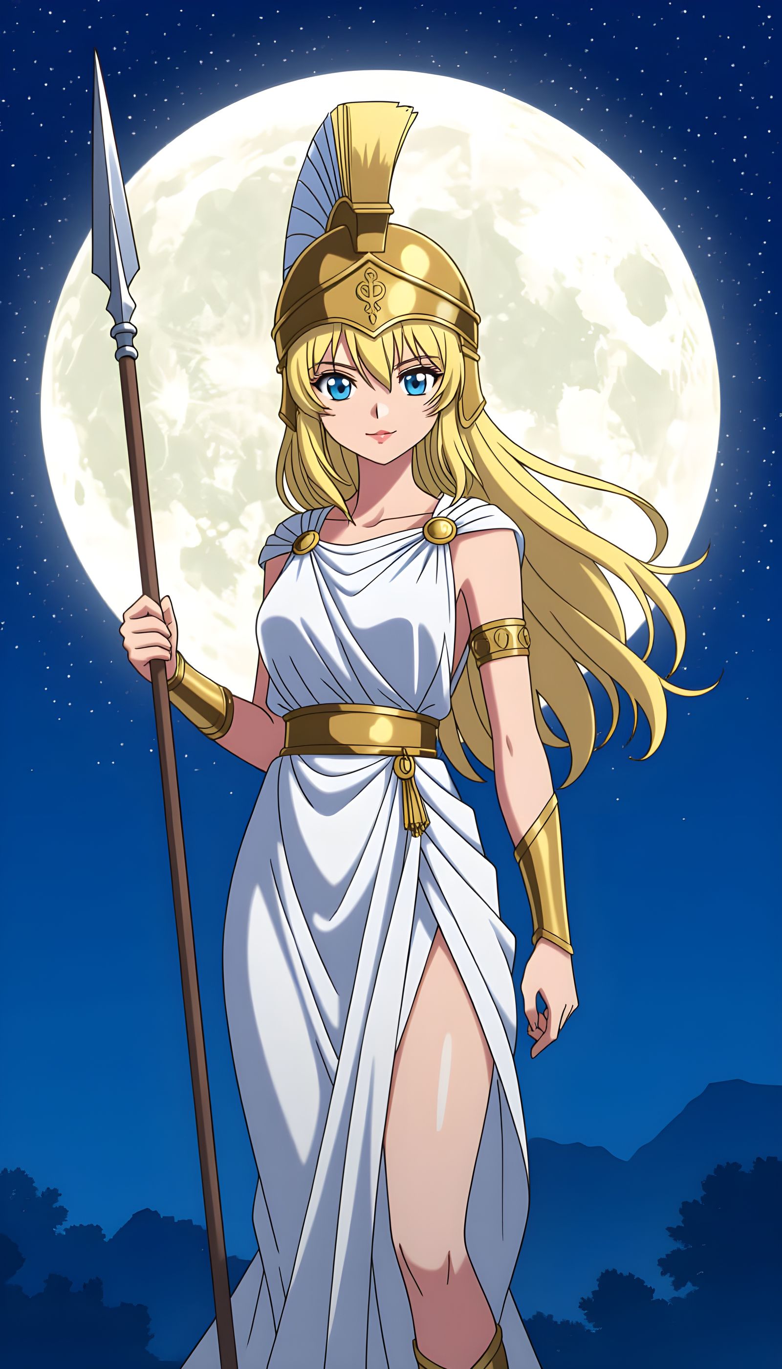 Anime Athena Paladas with Spear Under Moon