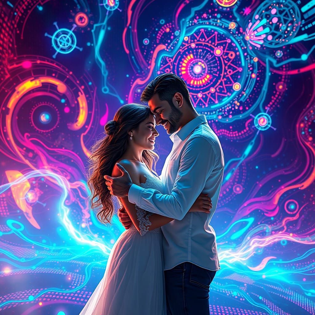 Couple Embracing in Futuristic Digital Realm