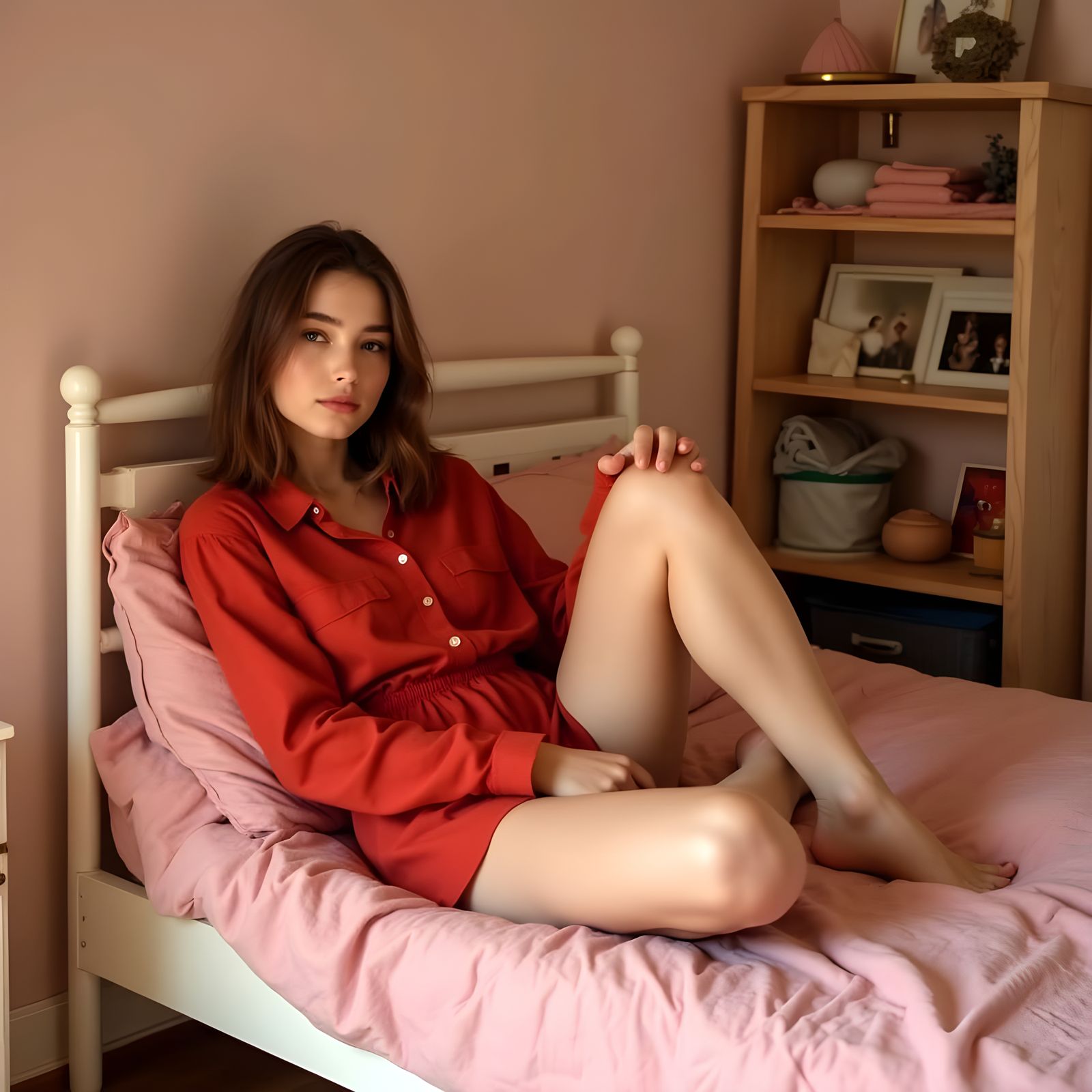Relaxed Young Woman in Red Attire