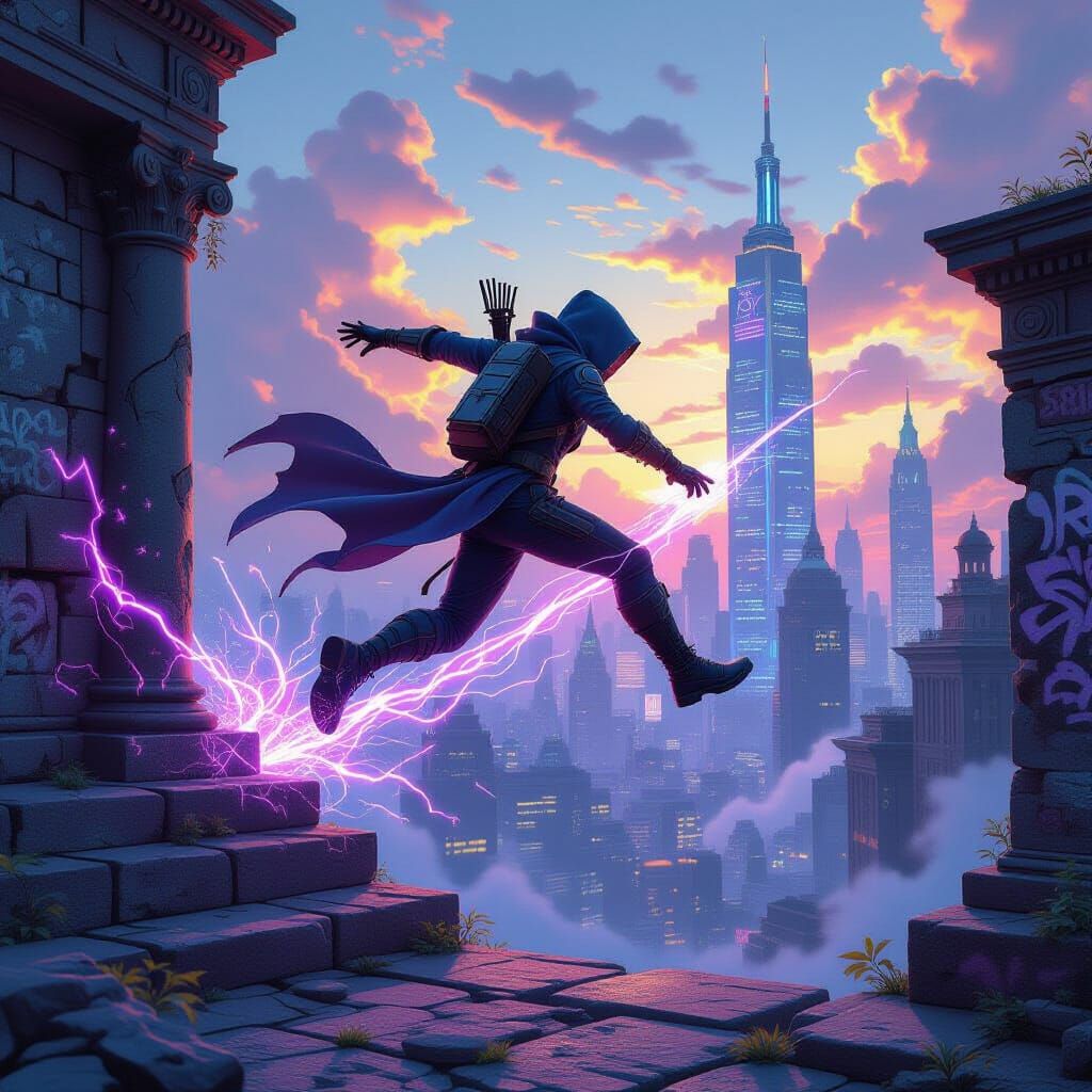 Ethereal Leap: Ruins Meet Neon in Hyperdetailed Fantasy Art