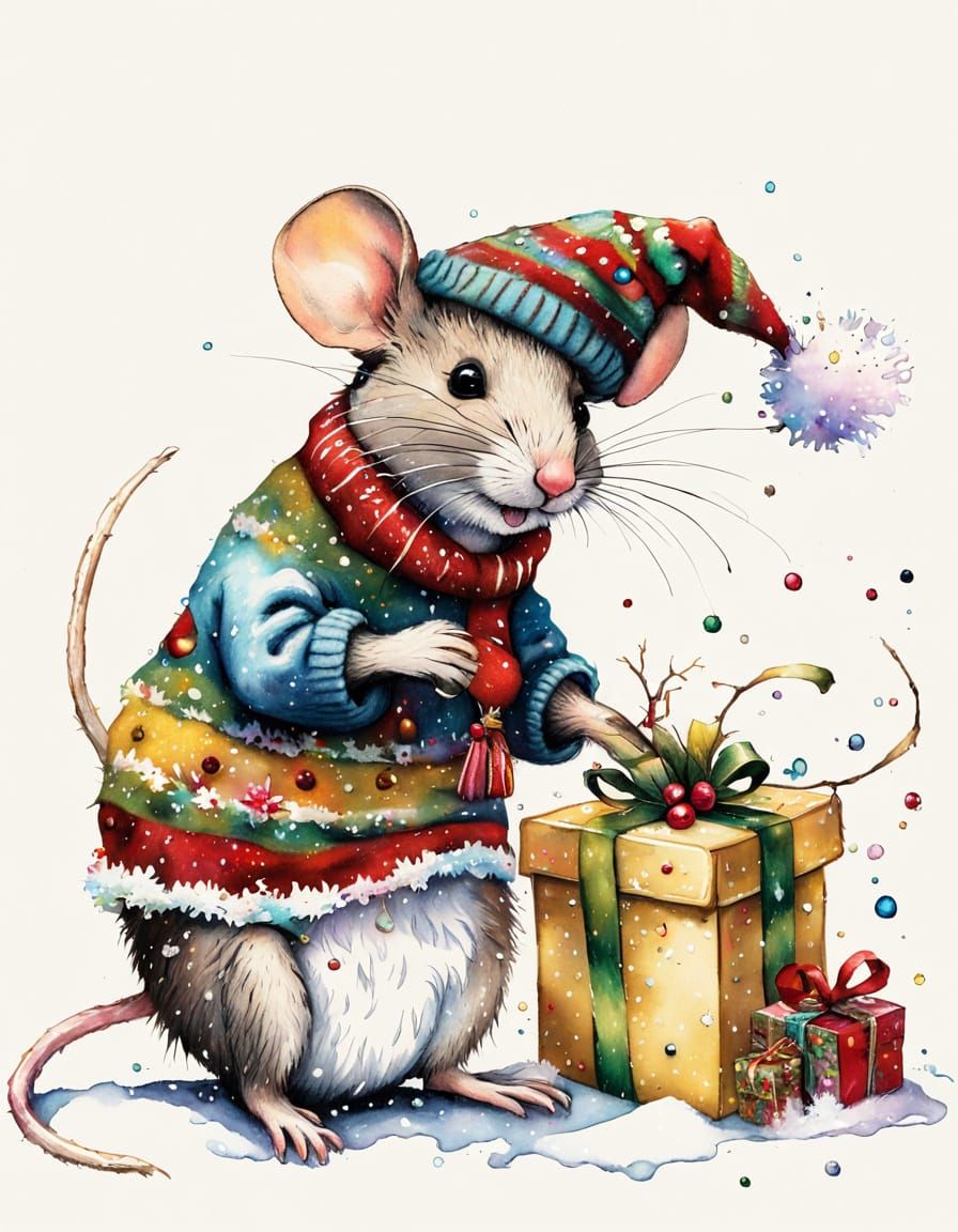 Elegant Mouse in Christmas Sweater with Gift