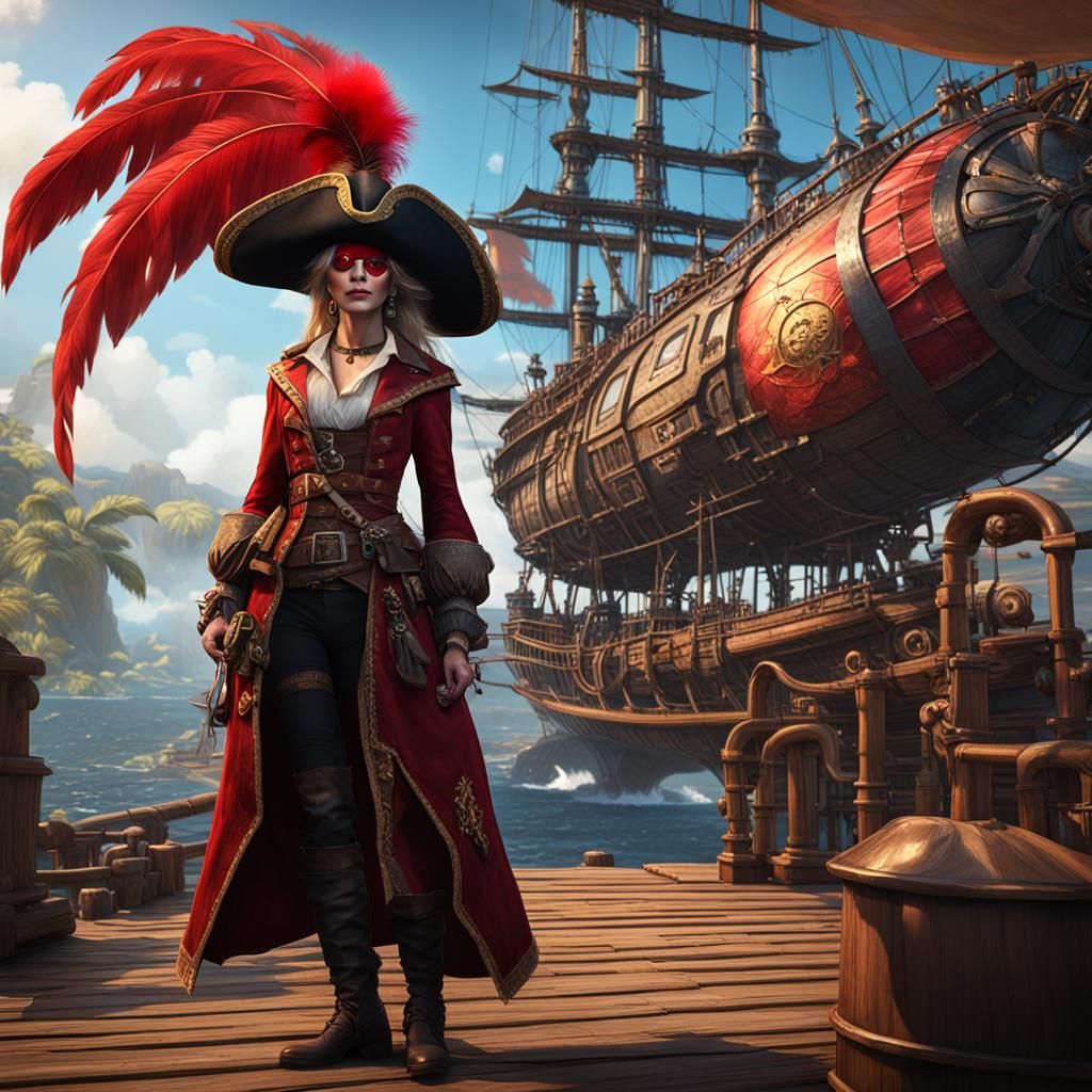 Pirate Queen with Airship, Fantasy Concept Art