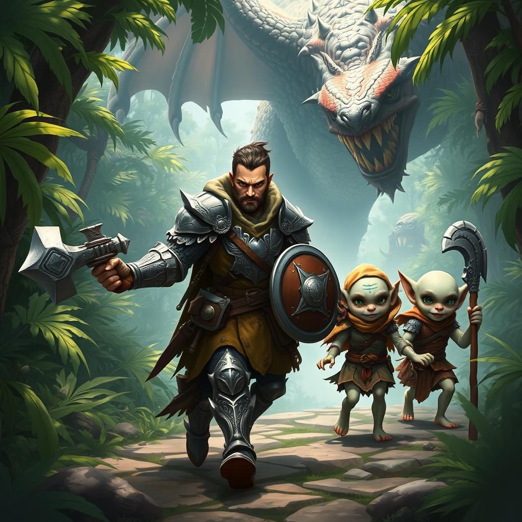 Adventurer and Goblin Companions in Lush Jungle