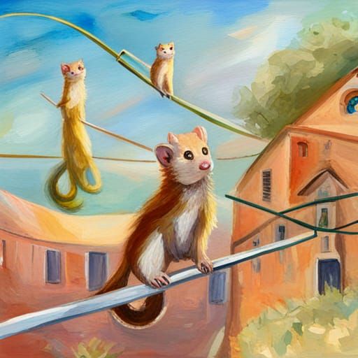 Stoats on a Tightrope: Gouache Impressionist Painting