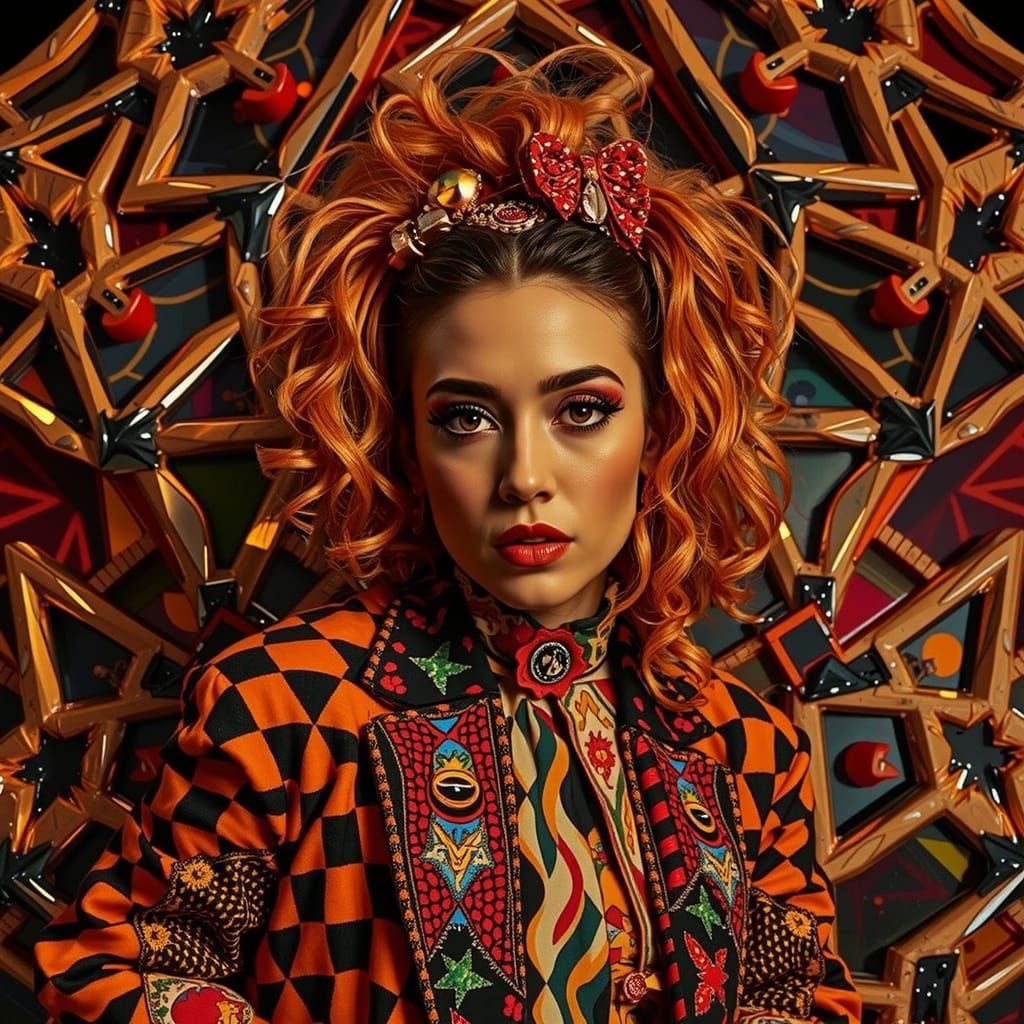 Flamboyant Woman in Chaotic Outfit with Projected Overlay