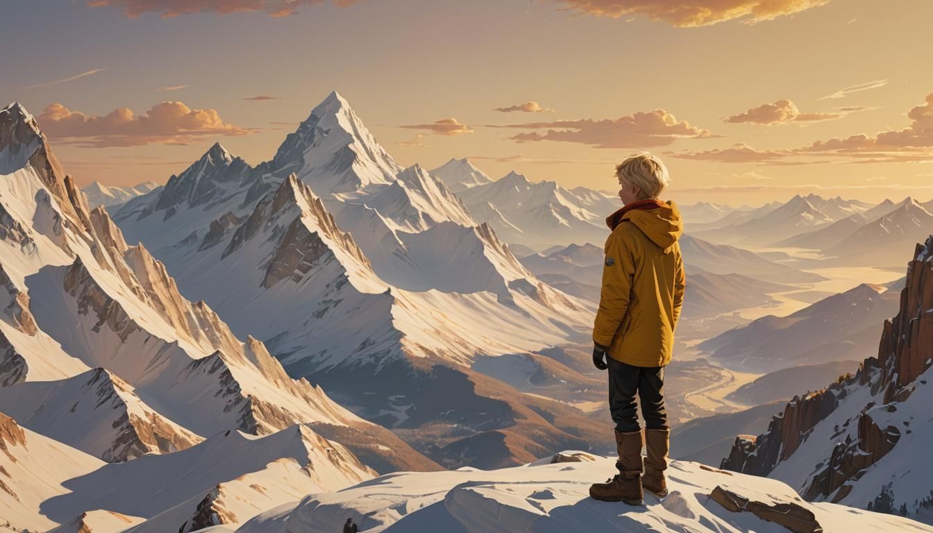 Boy on Snowy Peak in Detailed Matte Painting