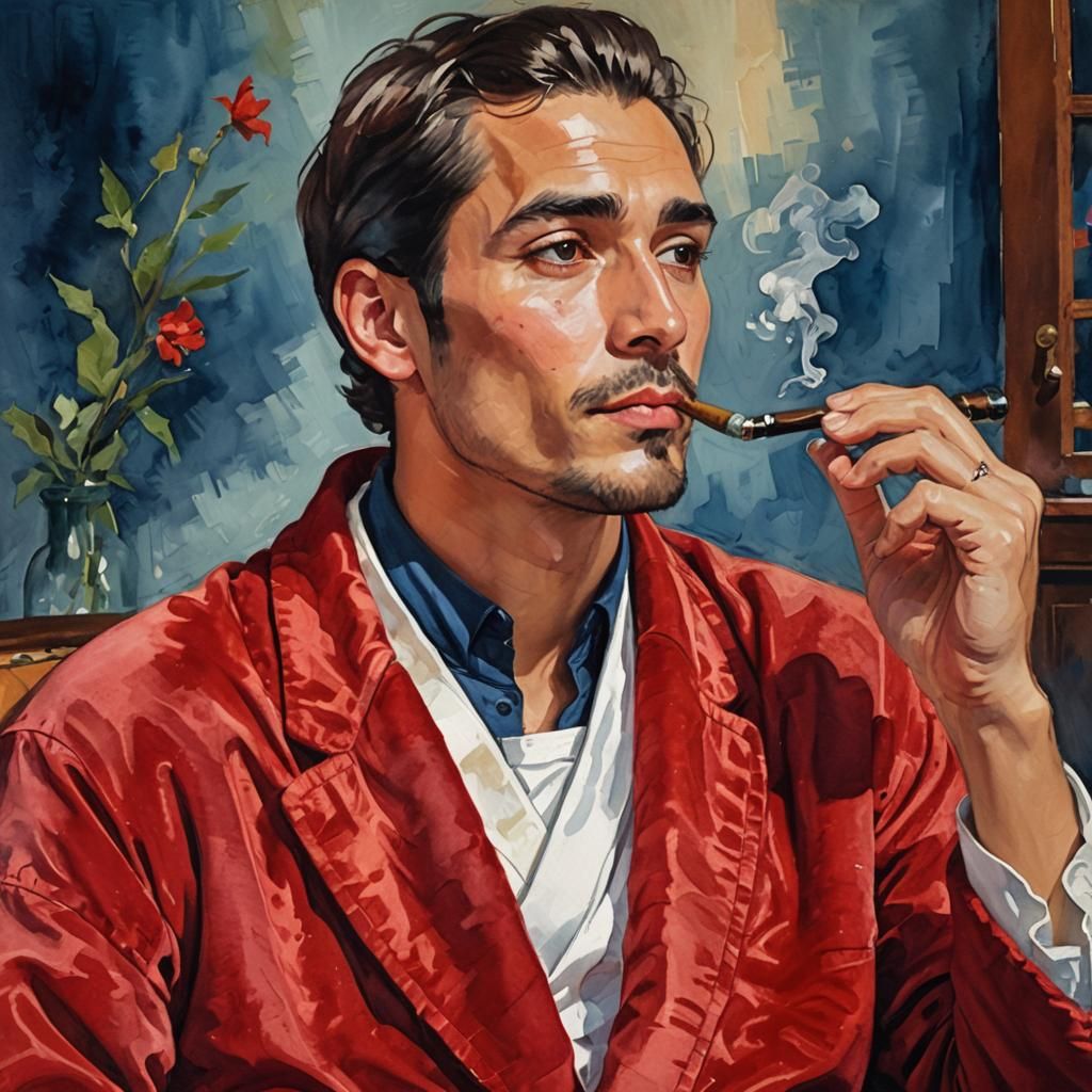 Handsome Man Smoking Pipe in Impressionist Portrait
