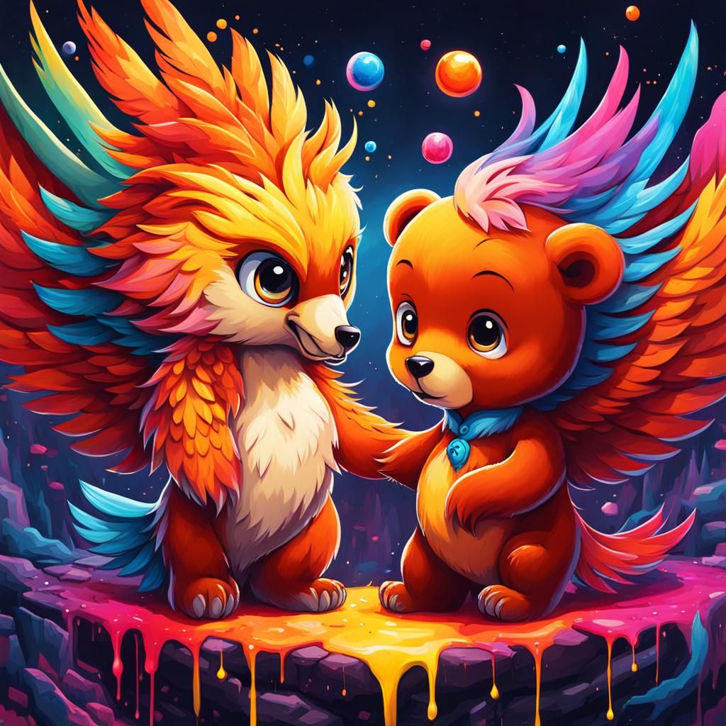 Animated Cute Phoenix and Bear Graffiti Art