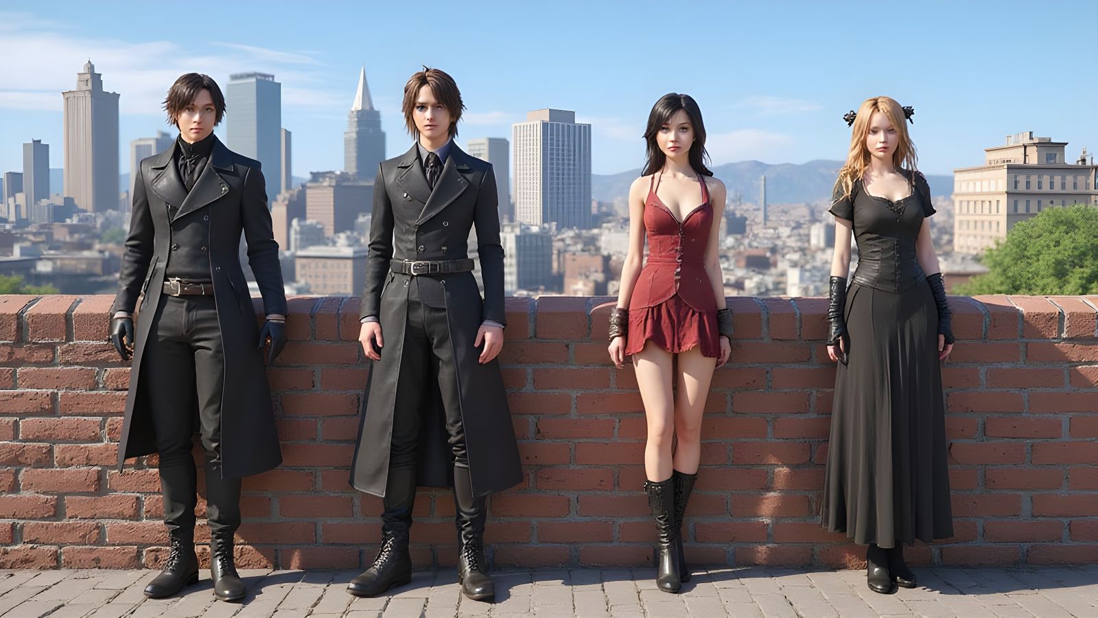 Final Fantasy Style Characters in Sunny Cityscape