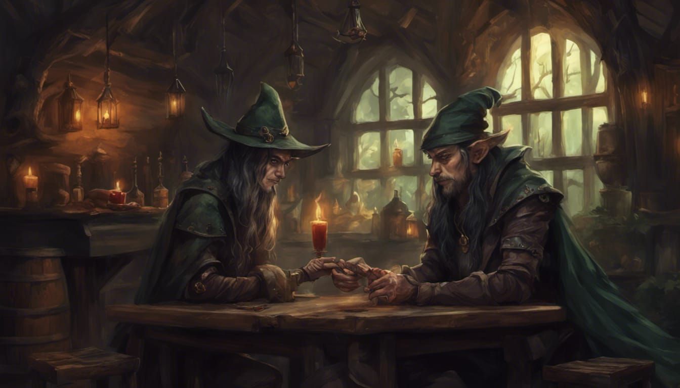 Wood Elf and Wizard in Gothic Tavern