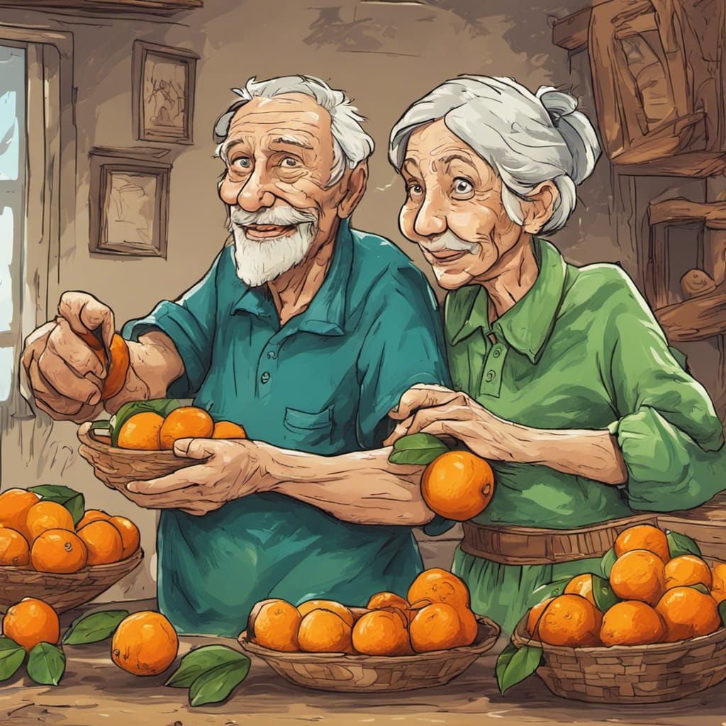 Happy Elderly Couple Eating Oranges in 8K Poster Art