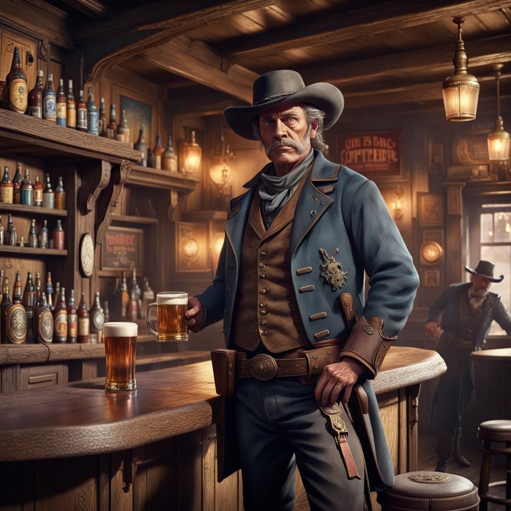 Old Gunfighter in Western Bar, Detailed Matte Painting