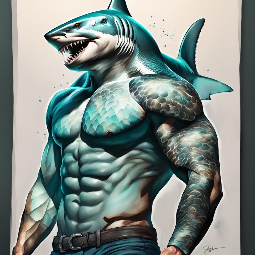 Human-Shark Hybrid Fighter with Teal Skin