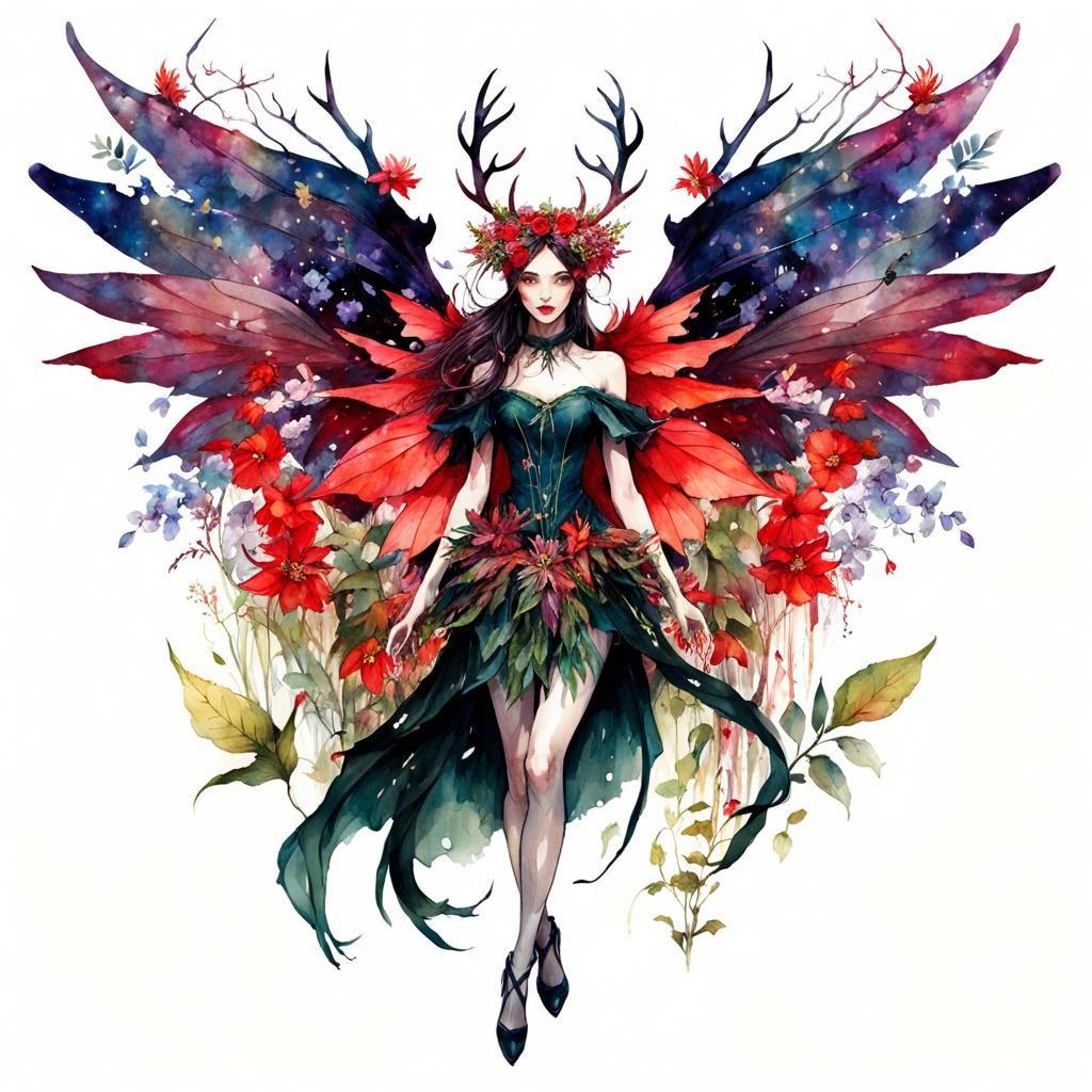 Crimson Demon Girl with Stag Antlers and Wings