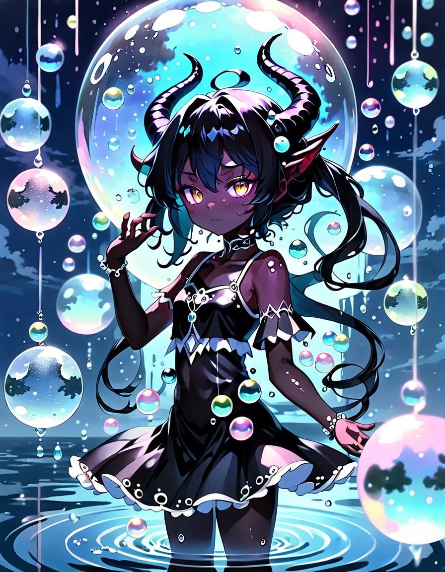Meditative Black Demoness with Glass Orbs, Anime Style
