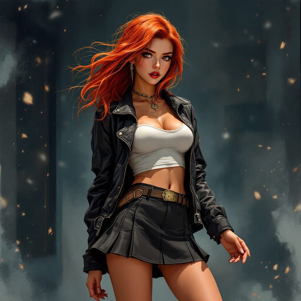 Vibrant Comic Book Woman in Stormy Weather