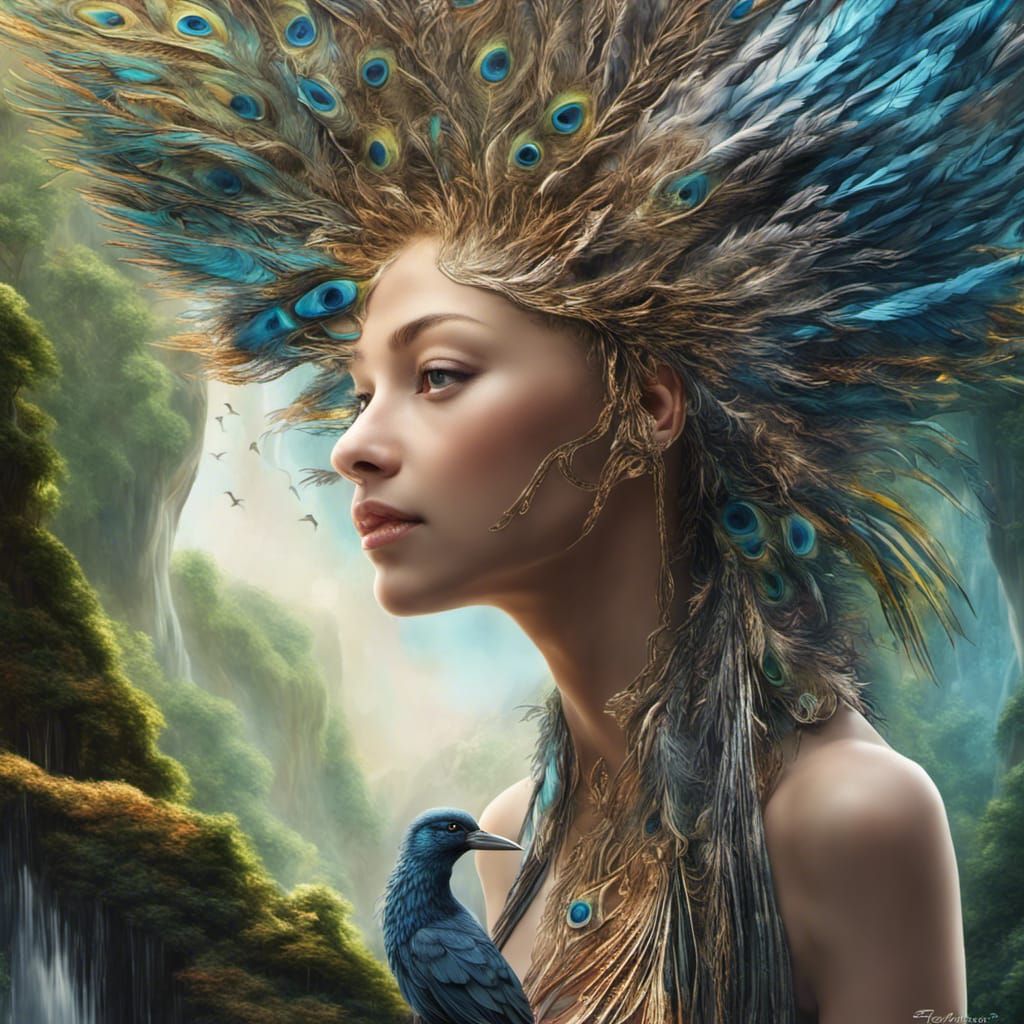 Youth Portrait with Birds and Waterfall in Cyberpunk Style