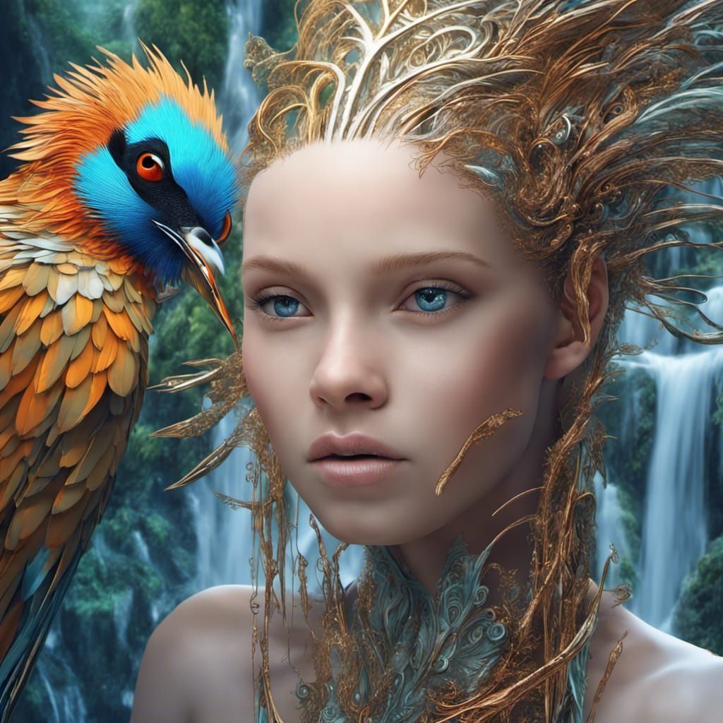 Bird and Woman Portrait in Cyberpunk Style