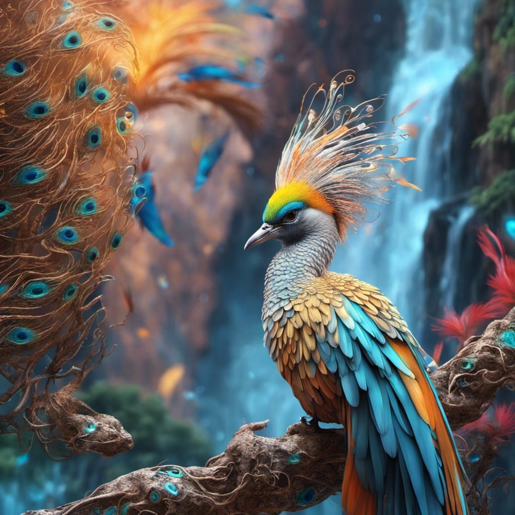 Birds of Paradise in Cyberpunk Cityscape