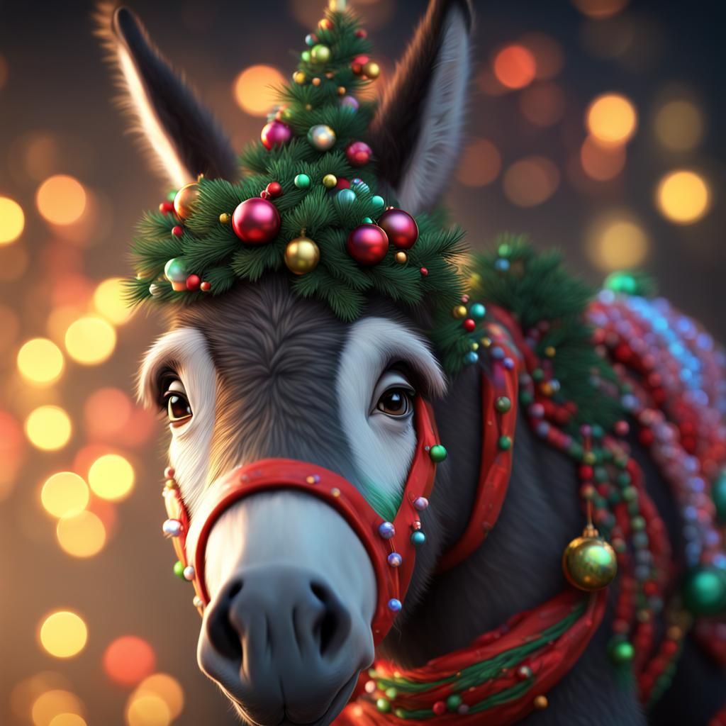 Adorable 3D Christmas Donkey in Hyperrealistic Style