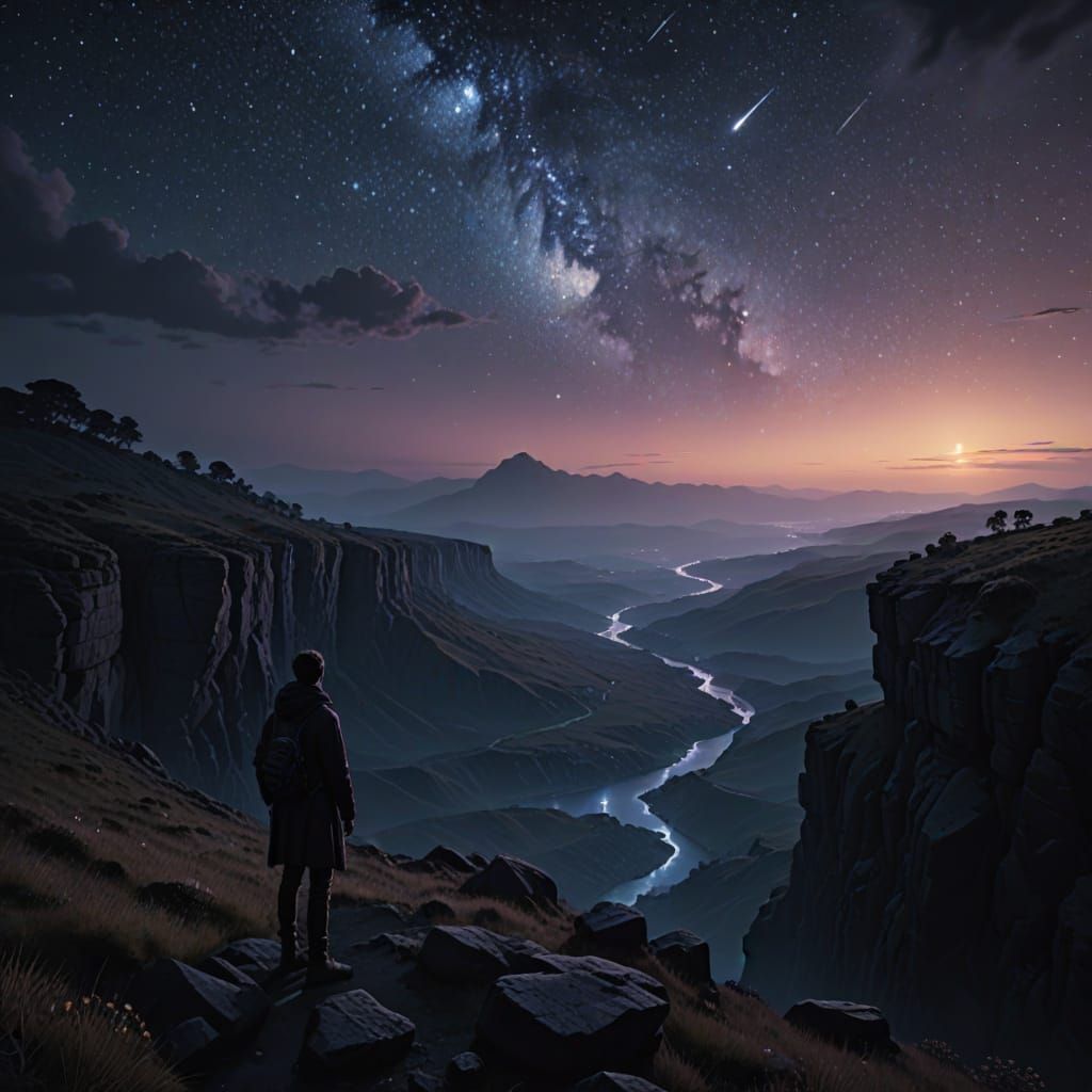 Ethereal Figure Stands at Cliff's Edge Under Starry Night Sk...