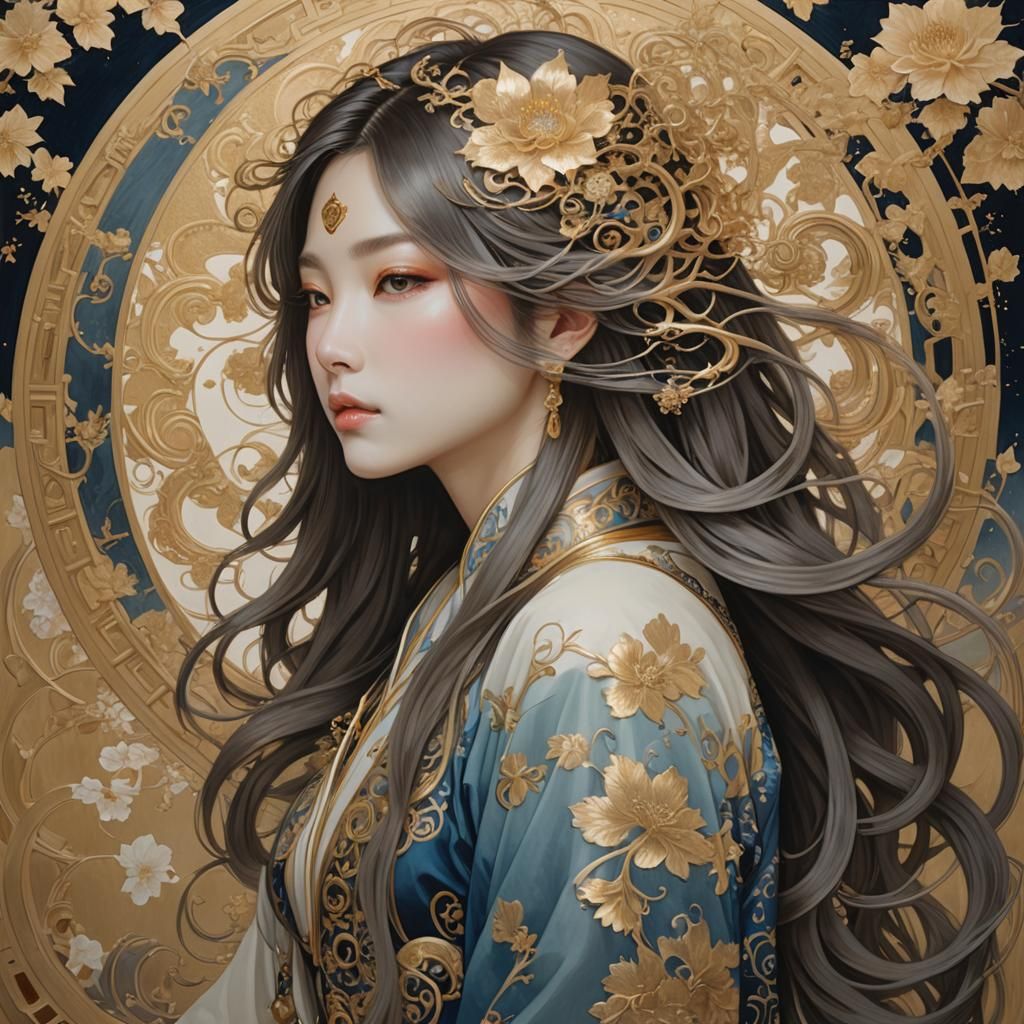 Anime Woman with Golden Fractals in Art Nouveau Style