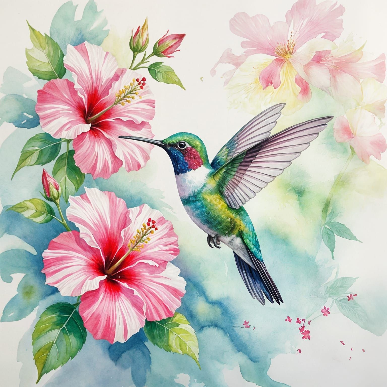 Luminous Watercolor Hummingbird Amidst Hibiscus Flowers