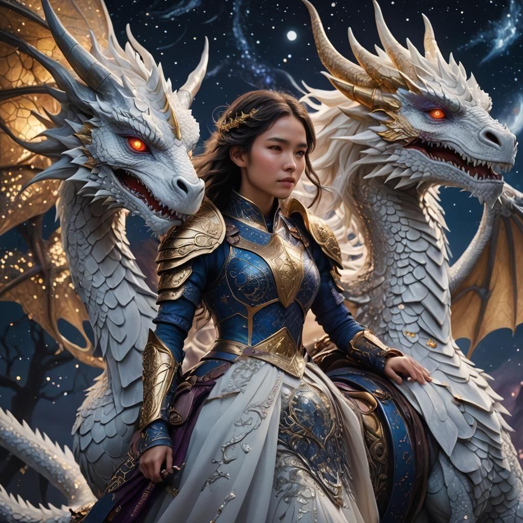 Magical Girl Rides Dragon in Starry Night