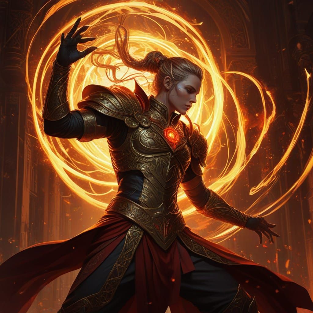 Confident Hero Adorned with Vibrant Red Poi Balls in Intrica...