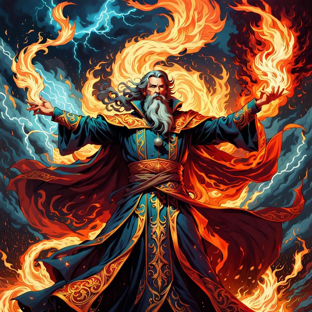 Wizard in Thunderstorm Revealing Fiery Blaze: Dark Fantasy A...