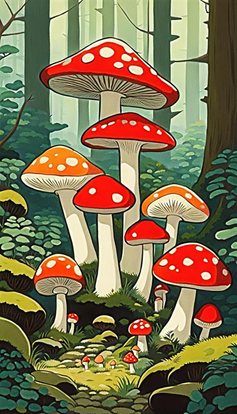 Charming Multicolored Toadstools in Ghibli Style
