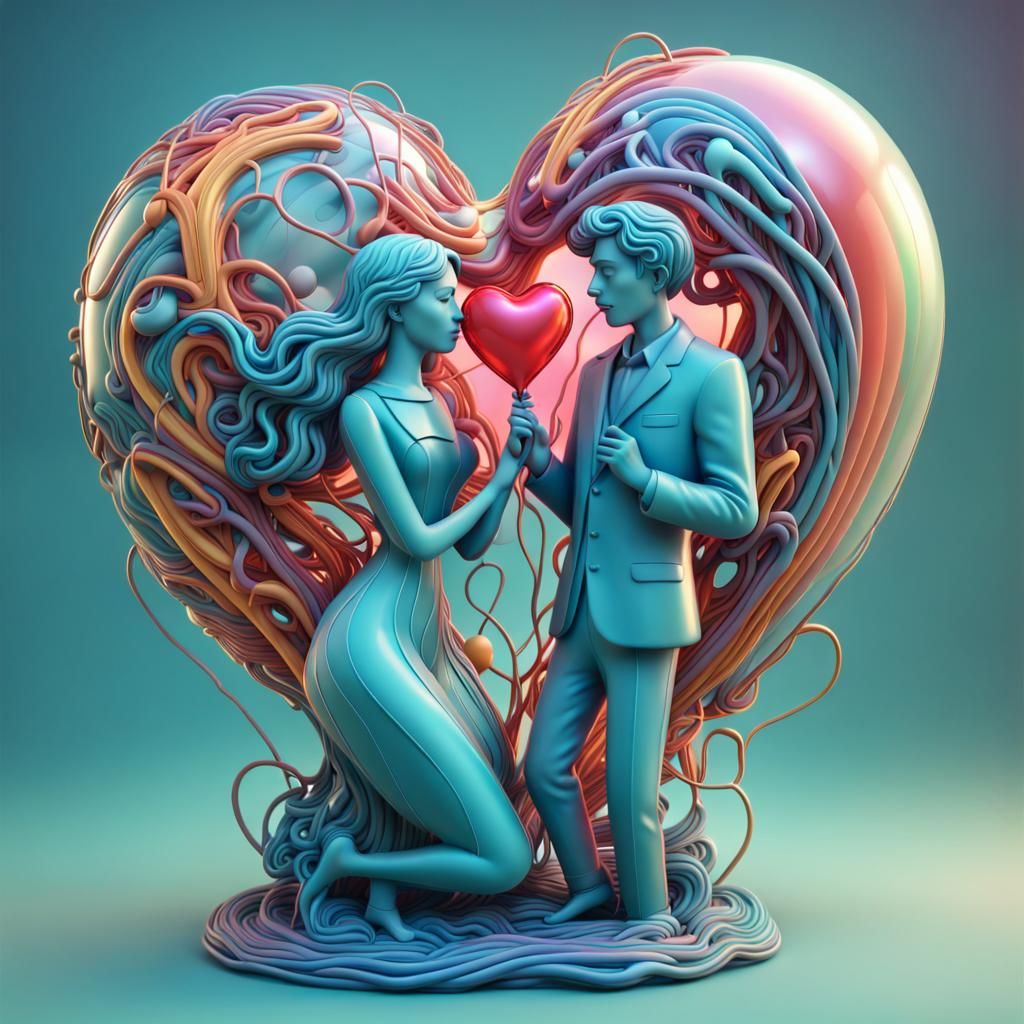 Amoebae Couple with Heart Balloon: 3D Sculpture