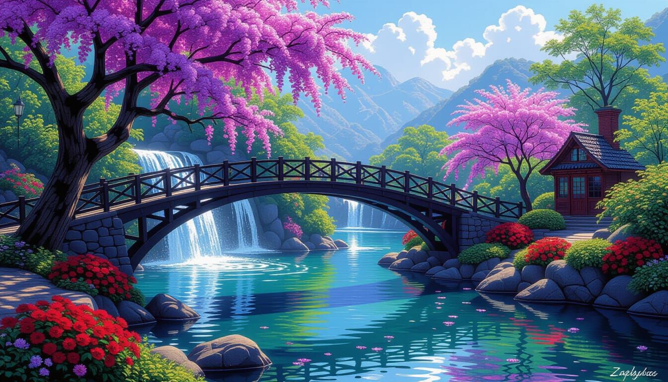 Vivid Jacaranda Garden and Waterfall Bridge