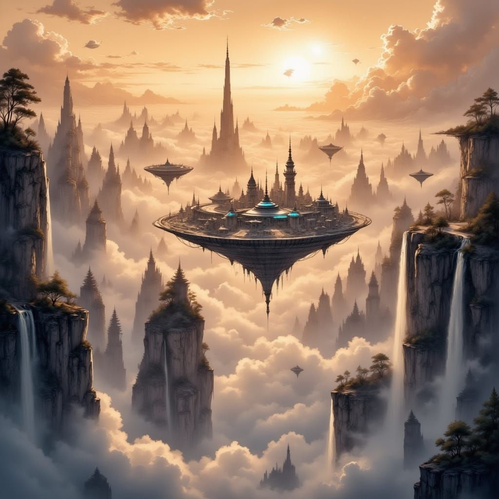 Floating City in Clouds at Sunset