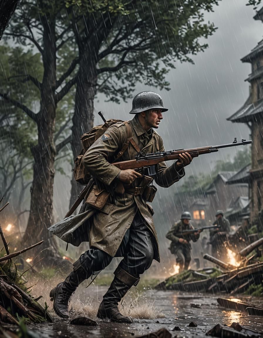 WW1 Soldier in Epic Rainy Battle Scene