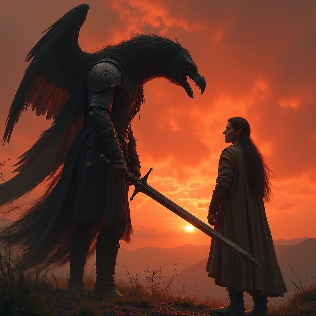 Aragorn Defiant Against Nazgul in Epic Fantasy Landscape
