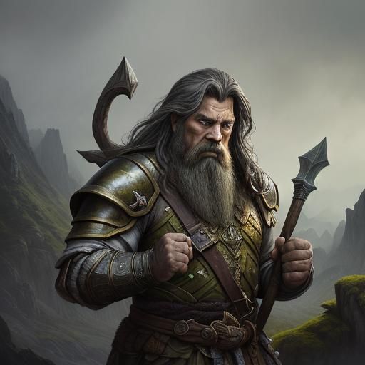 Dwarf Warrior in Misty Valley: Fantasy Oil Painting