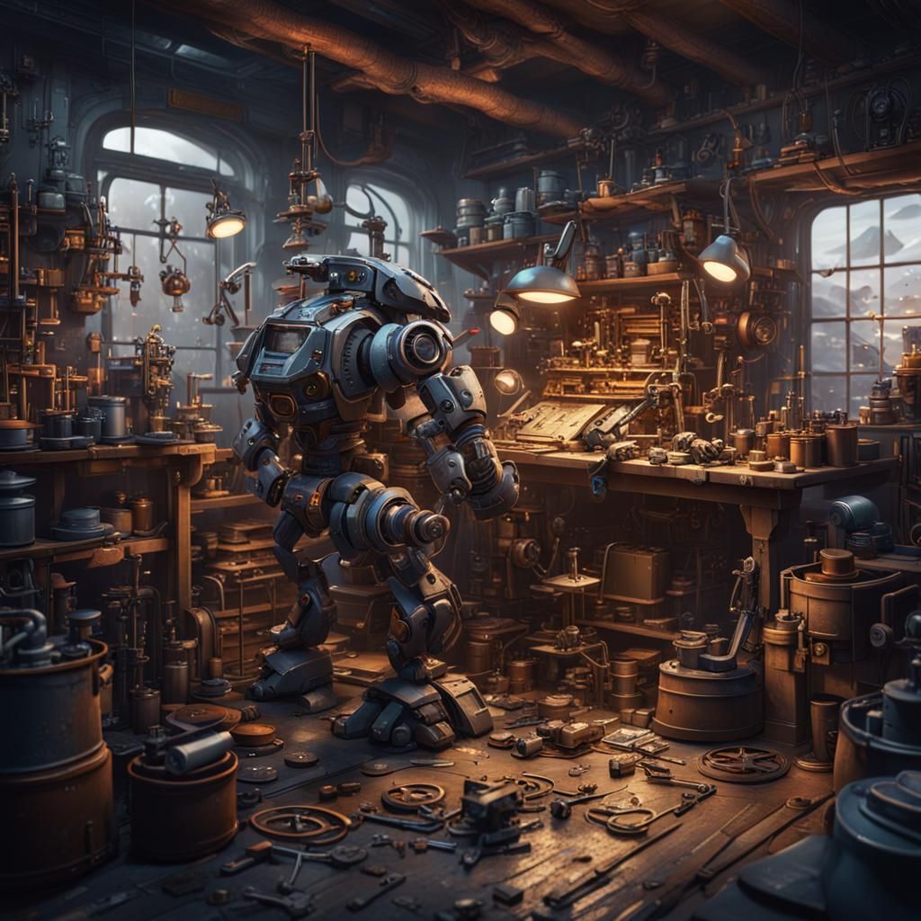 Mechanic Upgrades Mecha in Detailed Workshop Art