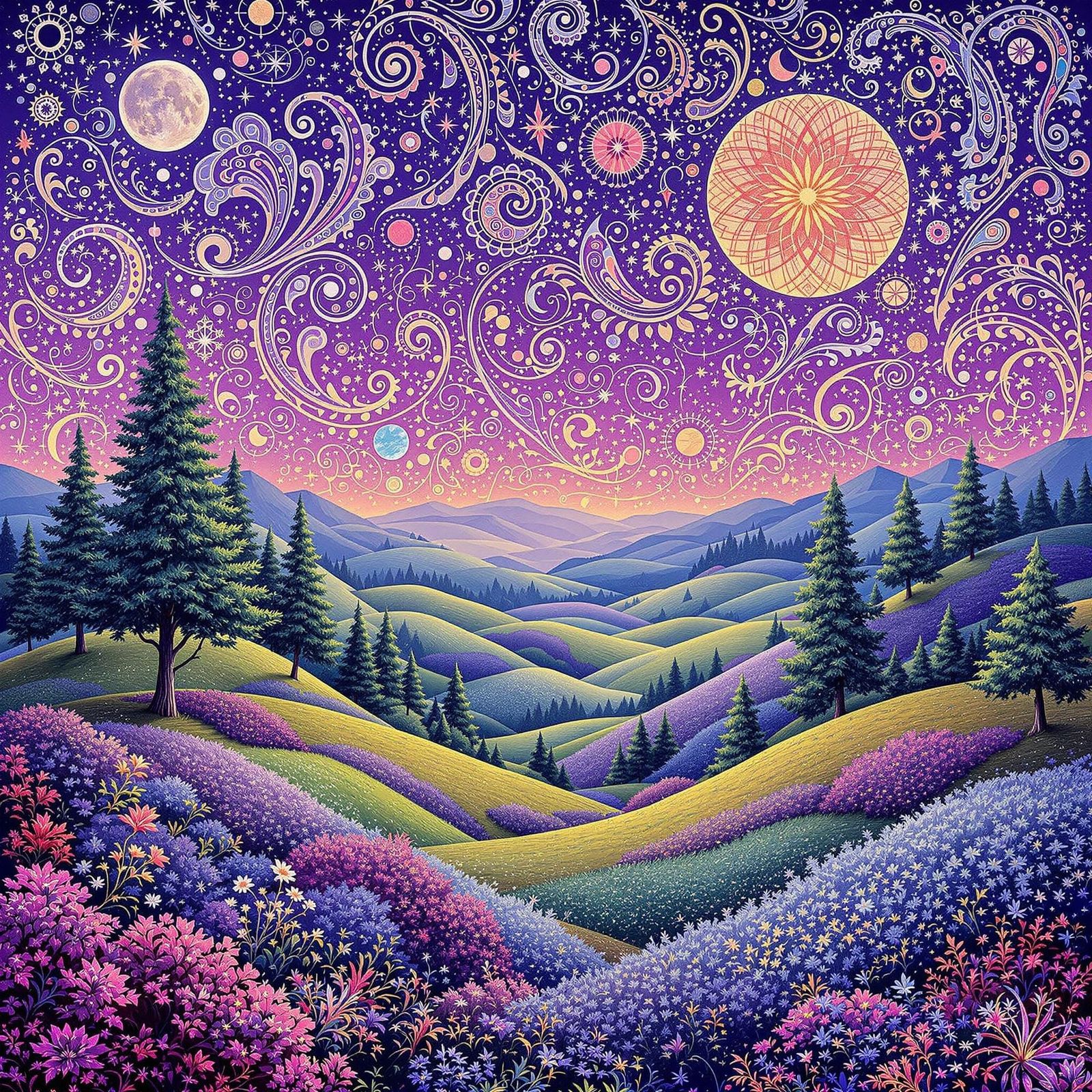Vibrant Paisley Landscape in Whimsical Style