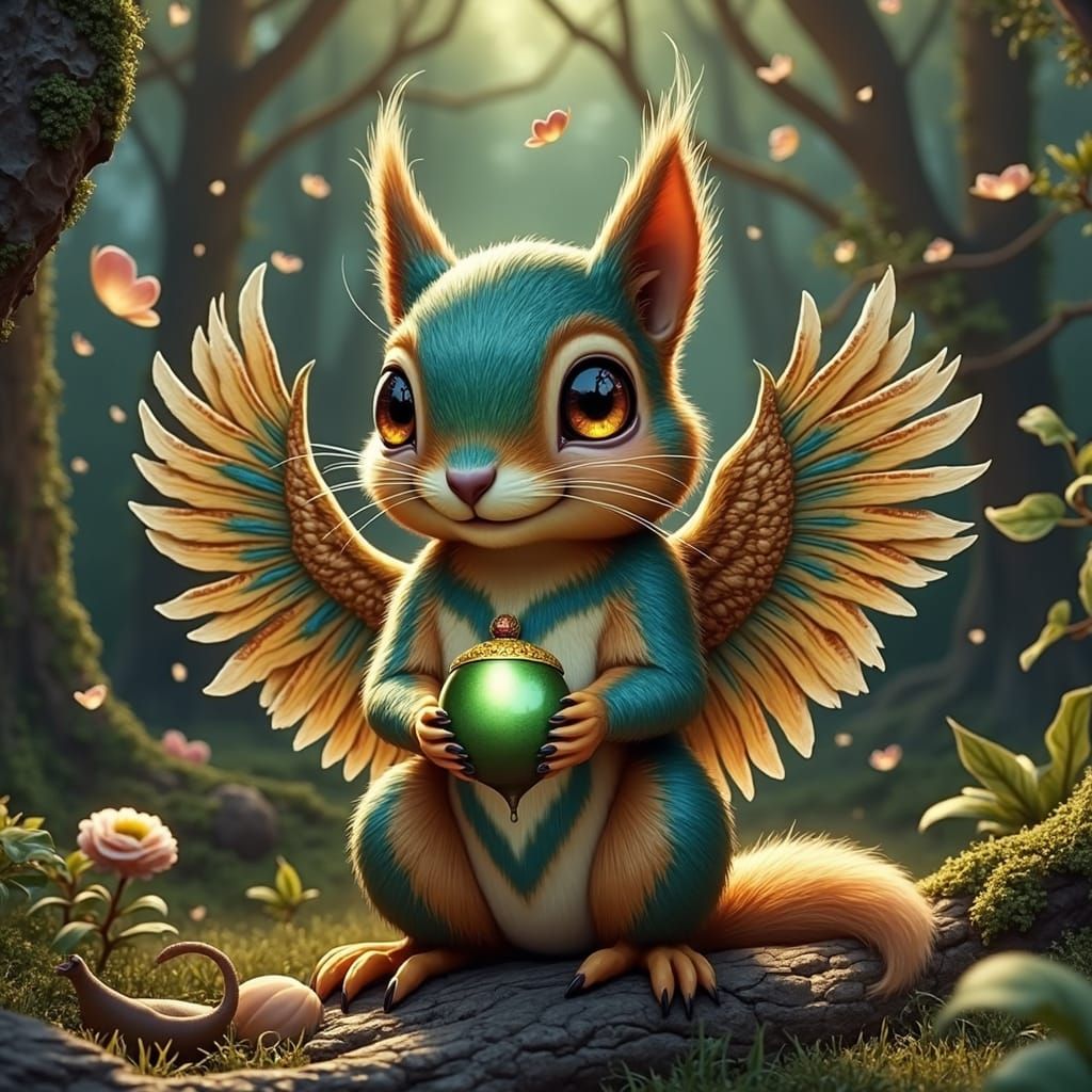 Winged Squirrel with Acorn: Fantasy Matte Painting
