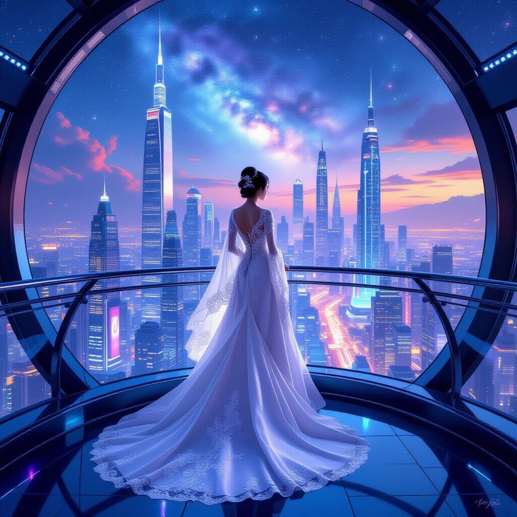 Futuristic Bride Overlooking Cosmic Cityscape