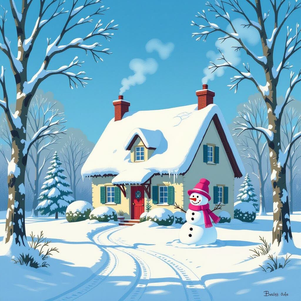 Whimsical Snow Cottage with Cheerful Snowman