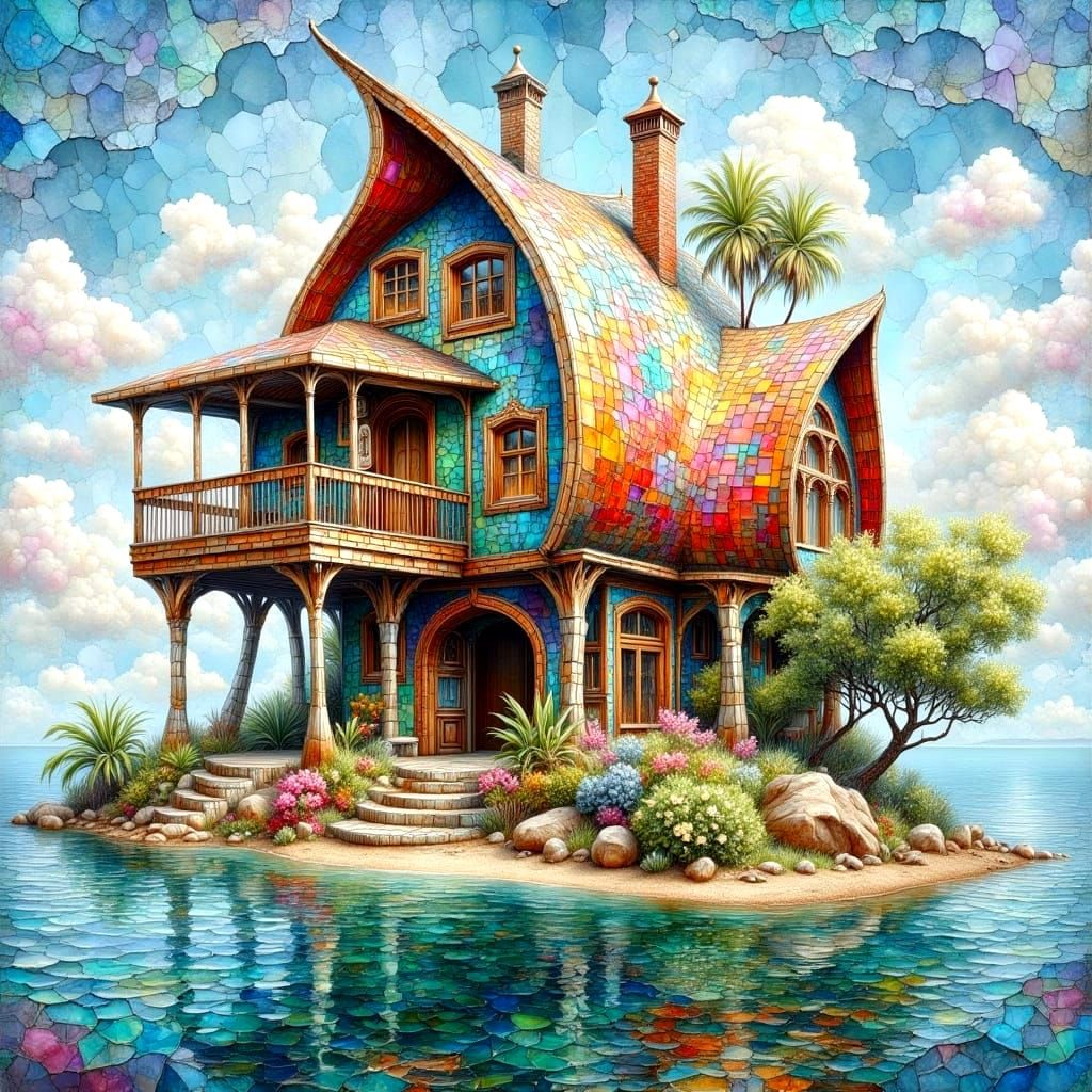 Curved House on Stilts in Mosaic Impasto Style